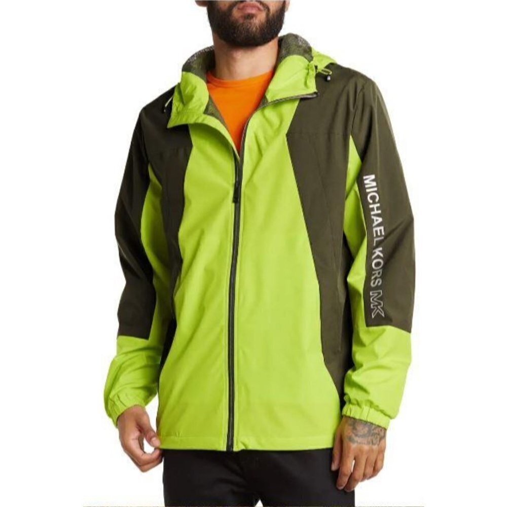 Michael Kors Mens Lime Green Grey Full Zip Hooded Windbreaker Jacket Sz M New